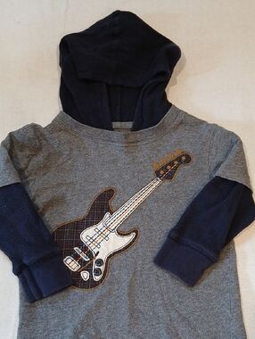 GAP Gray Hooded Tee with Navy Layered Sleeves & Guitar Applique